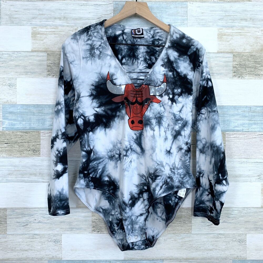 NBA Chicago Bulls Tie Dye Bodysuit V Neck Black Gray Red Womens Plus Size 2X